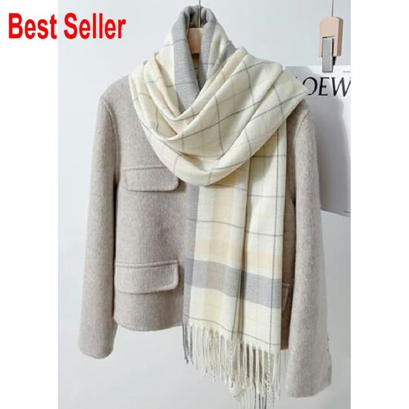 Oversized Cashmere Feel Plaid Scarf Elegant Winter Wrap Shawl Fringed - Picture 8 of 8